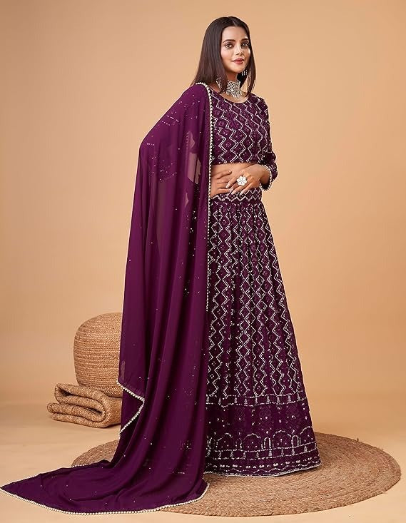 Blue Lucknowi Embroidery With Sequence Work Georgette Wedding Wear Lehenga Choli For Womens