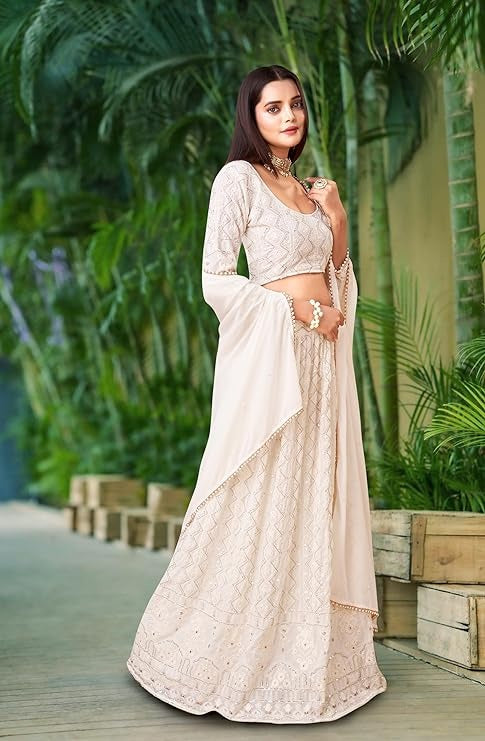 Blue Lucknowi Embroidery With Sequence Work Georgette Wedding Wear Lehenga Choli For Womens