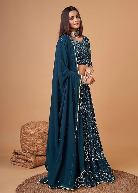 Blue Lucknowi Embroidery With Sequence Work Georgette Wedding Wear Lehenga Choli For Womens