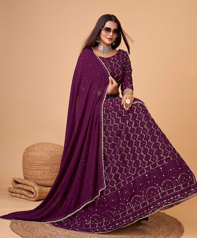 Blue Lucknowi Embroidery With Sequence Work Georgette Wedding Wear Lehenga Choli For Womens