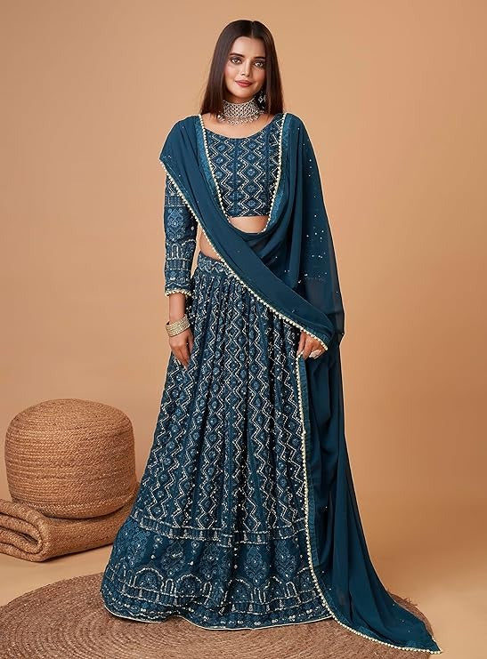 Blue Lucknowi Embroidery With Sequence Work Georgette Wedding Wear Lehenga Choli For Womens