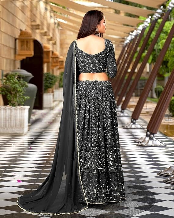 Blue Lucknowi Embroidery With Sequence Work Georgette Wedding Wear Lehenga Choli For Womens