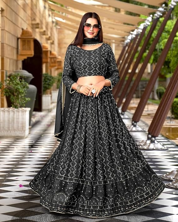 Blue Lucknowi Embroidery With Sequence Work Georgette Wedding Wear Lehenga Choli For Womens