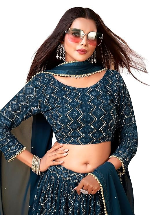 Blue Lucknowi Embroidery With Sequence Work Georgette Wedding Wear Lehenga Choli For Womens