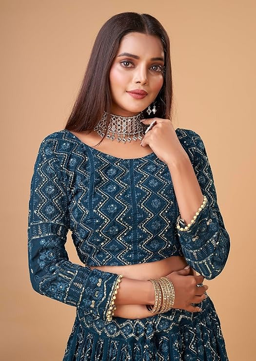 Blue Lucknowi Embroidery With Sequence Work Georgette Wedding Wear Lehenga Choli For Womens