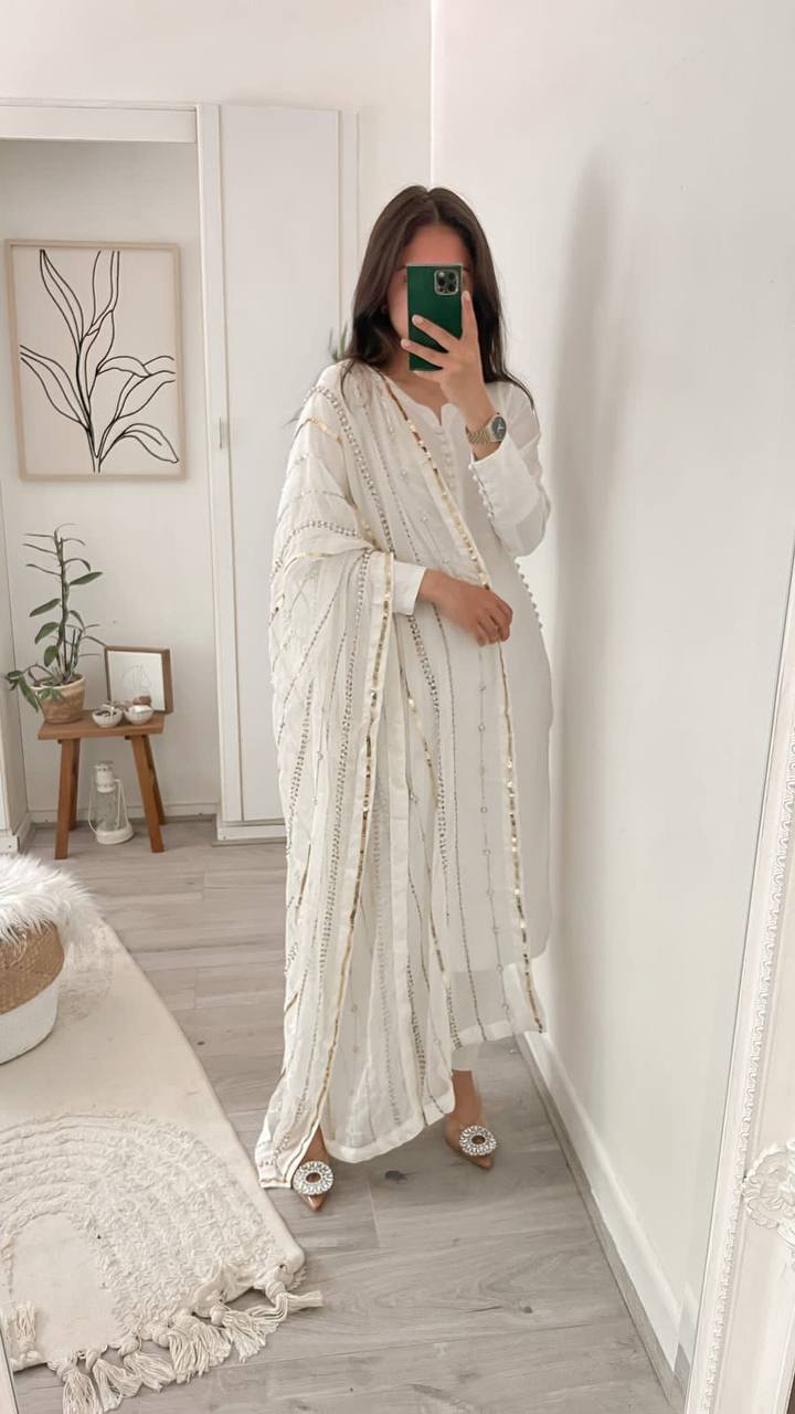 Heavy Faux Georgette With Heavy Paper Mirror Embroidery Work With Full Sleeve Fancy Top-Dupatta and Fully Stitched Bottom