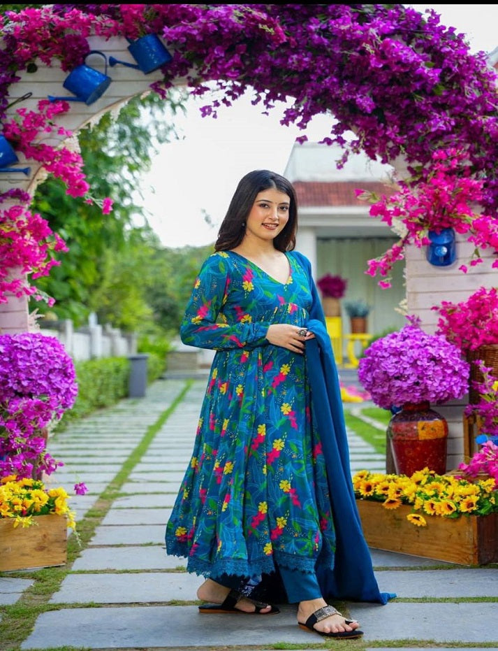 BLUE & YELLOW GEORGETTE PRINT AND FULL LINING WITH PENT AND NAZNEEN DUPATTA