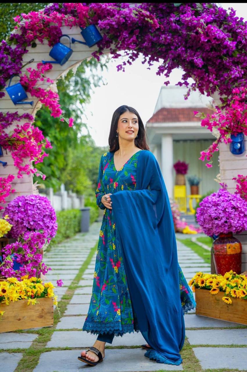 BLUE & YELLOW GEORGETTE PRINT AND FULL LINING WITH PENT AND NAZNEEN DUPATTA