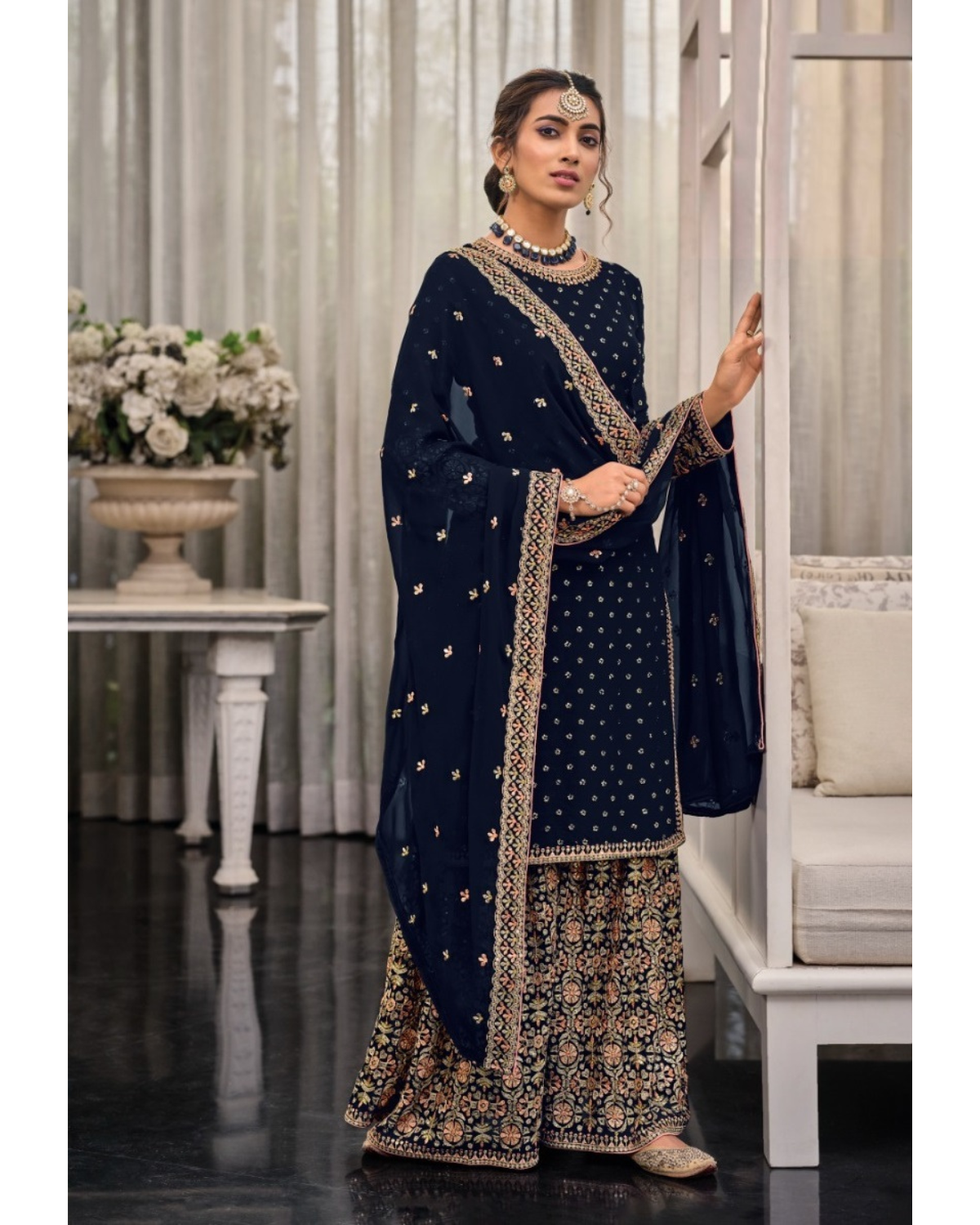 Traditional Wear Embroidery Work Palazzo Suit Georgette Pakistani Salwar Suit For Womens