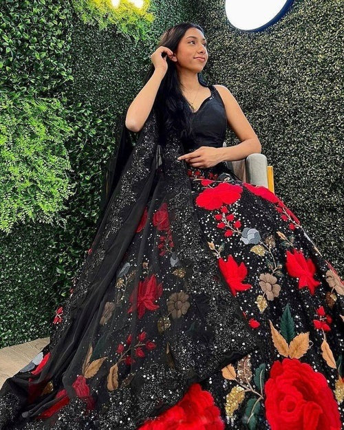 Black Wedding Speciel Mono Net Fabric Lehenga Choli Set Made by Sequins Embroidered Work With Cancan & Canvas Patta