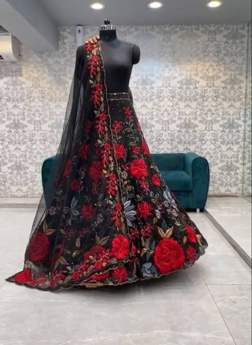 Black Wedding Speciel Mono Net Fabric Lehenga Choli Set Made by Sequins Embroidered Work With Cancan & Canvas Patta