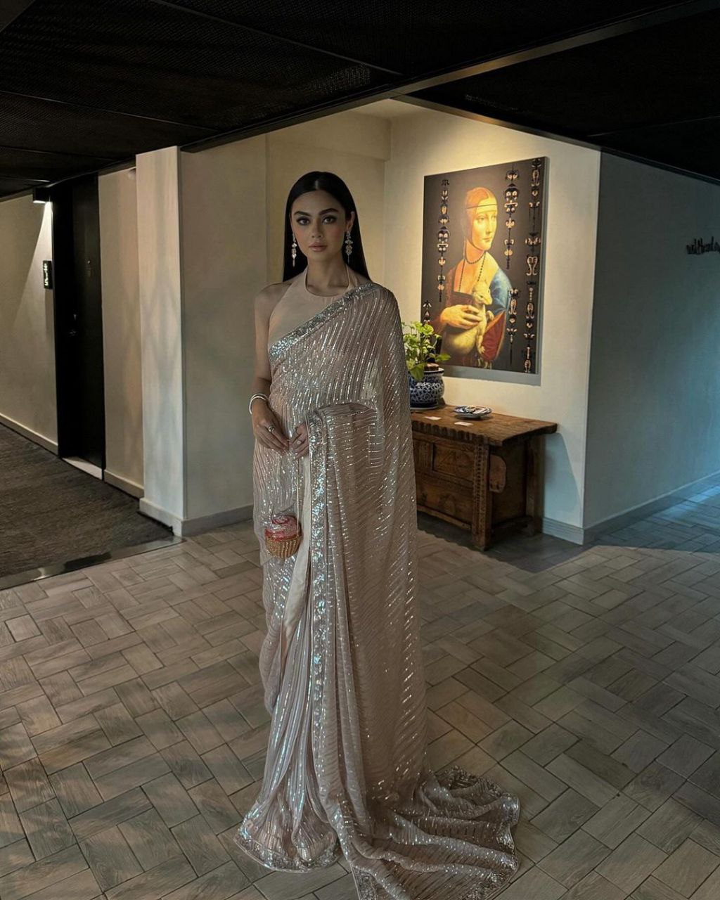 Beige Party Wear Full Sequence Work Saree with Blouse Indian Function Wear Bollywood Saree