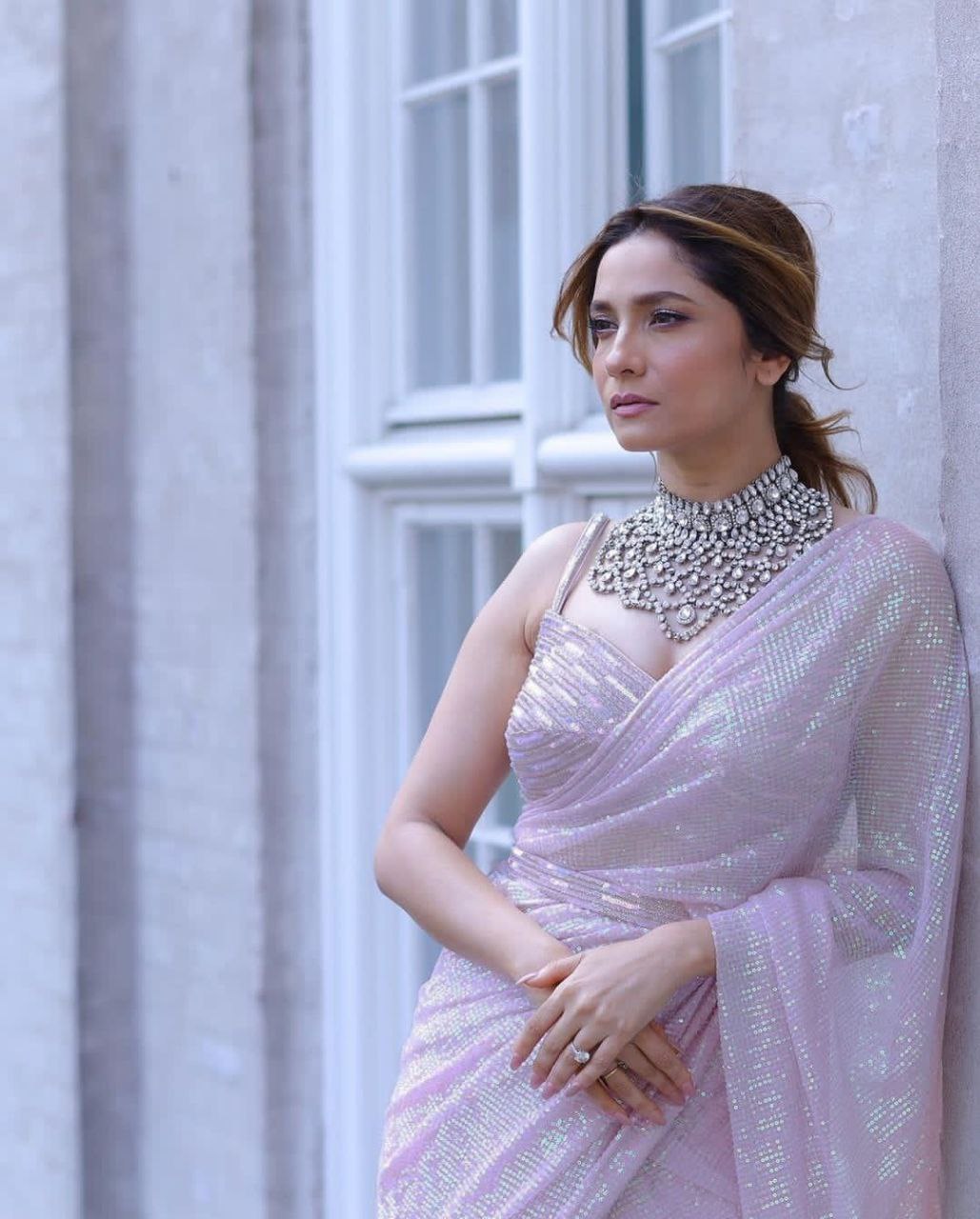 Baby Pink Ankita Lokhande Style Pink Rainbow Sequence Work Saree with Blouse Indian Function Wear Saree