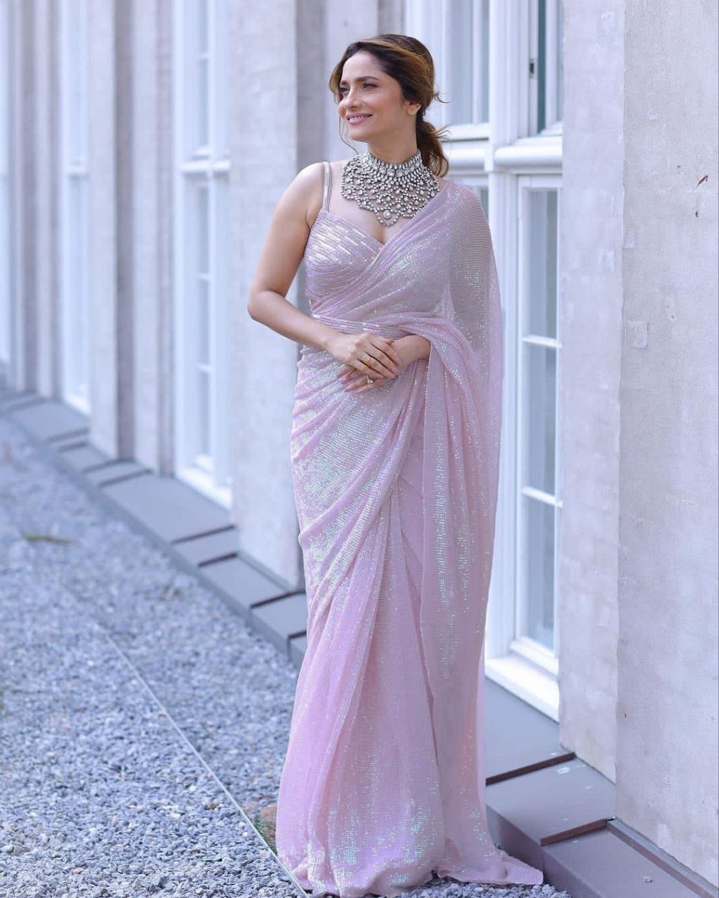 Baby Pink Ankita Lokhande Style Pink Rainbow Sequence Work Saree with Blouse Indian Function Wear Saree