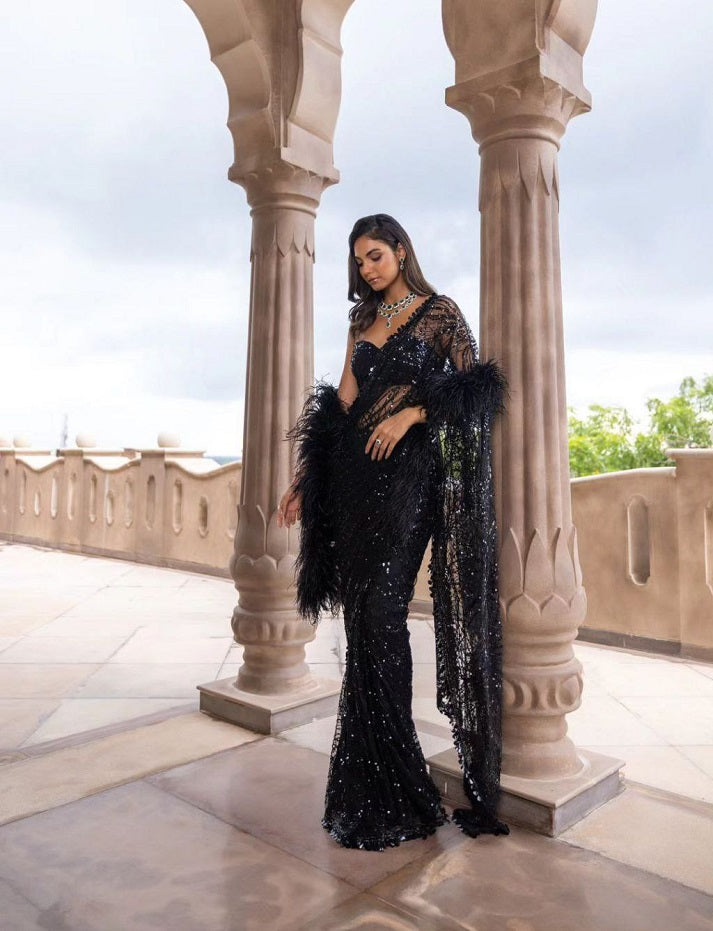 Black Indian Wedding Saree Sequence Work Heavy Mono Silk Blouse Saree Heavy Party Wear Saree For Women