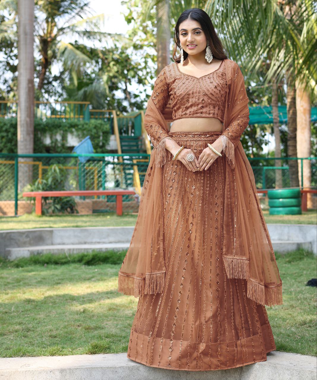 Brown Indian Wedding Soft Net Bollywood Sequins Lehenga Choli With Beautiful Zalar Attached Dupatta and Blouse