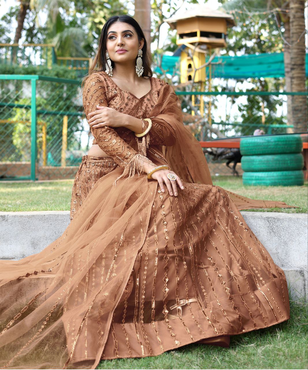 Brown Indian Wedding Soft Net Bollywood Sequins Lehenga Choli With Beautiful Zalar Attached Dupatta and Blouse