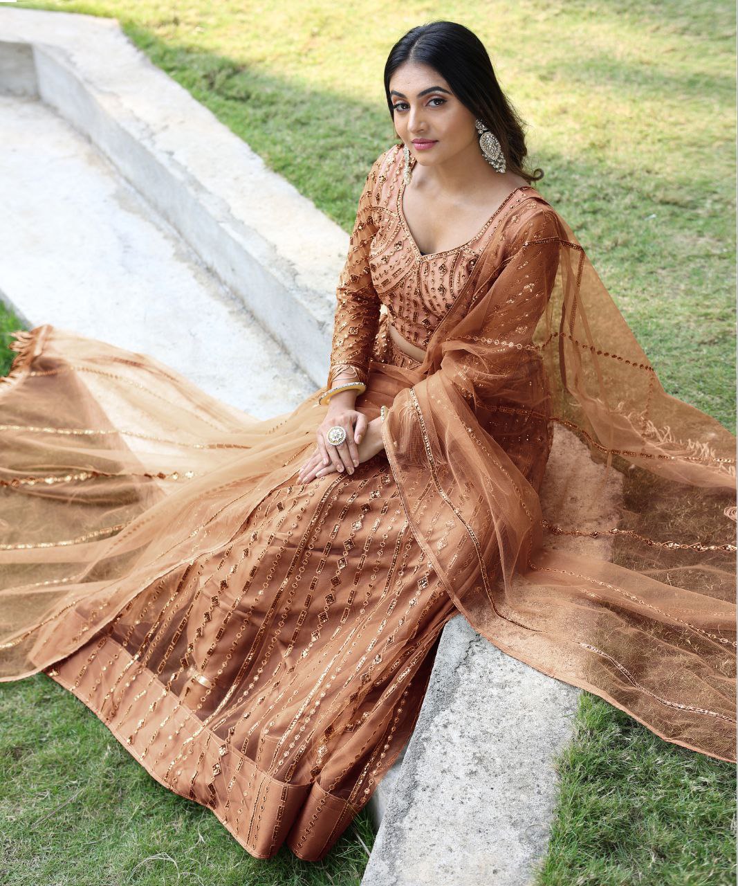 Brown Indian Wedding Soft Net Bollywood Sequins Lehenga Choli With Beautiful Zalar Attached Dupatta and Blouse