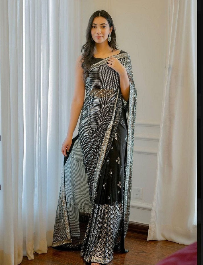 Black Color Faux Georgette Sequence Embroidery Work Designer Beautiful Saree, Stunning Look Saree Sabyasachi Style Party Wear Saree With Mono Banglori Silk Blouse