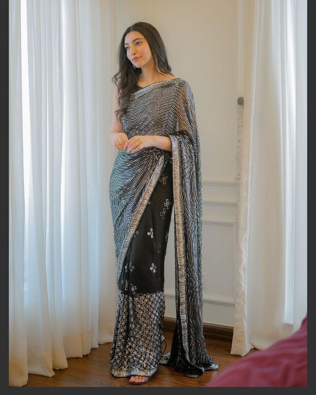 Black Color Faux Georgette Sequence Embroidery Work Designer Beautiful Saree, Stunning Look Saree Sabyasachi Style Party Wear Saree With Mono Banglori Silk Blouse
