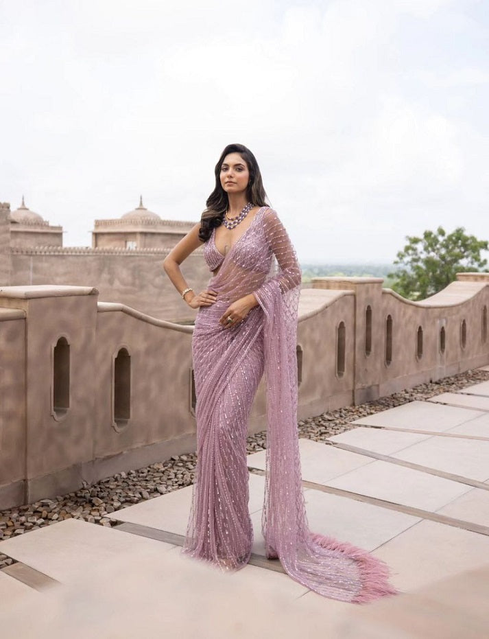 Pink Premium Mono Net Embroidery Saree With Dual Shade 5 MM Sequence Work For Women, Saree Blouse, Party Wear Saree.
