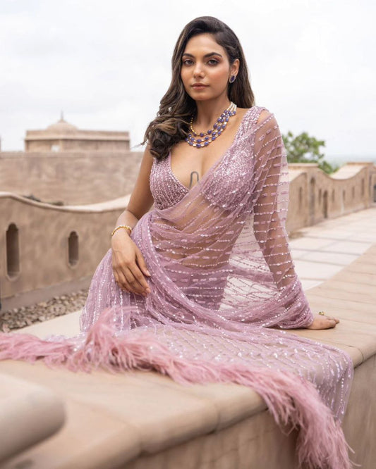 Pink Premium Mono Net Embroidery Saree With Dual Shade 5 MM Sequence Work For Women, Saree Blouse, Party Wear Saree.