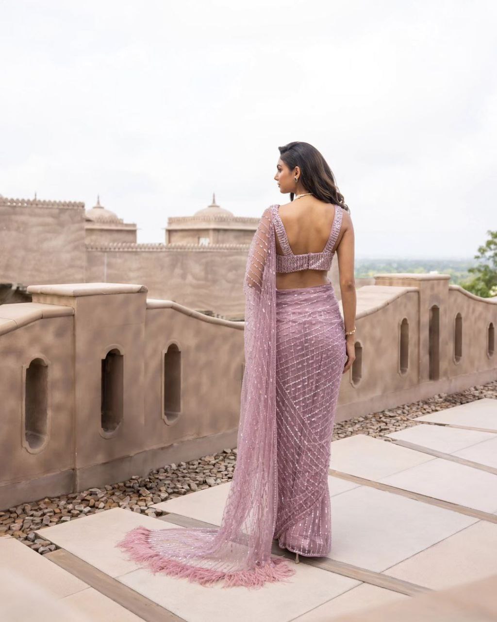 Pink Premium Mono Net Embroidery Saree With Dual Shade 5 MM Sequence Work For Women, Saree Blouse, Party Wear Saree.