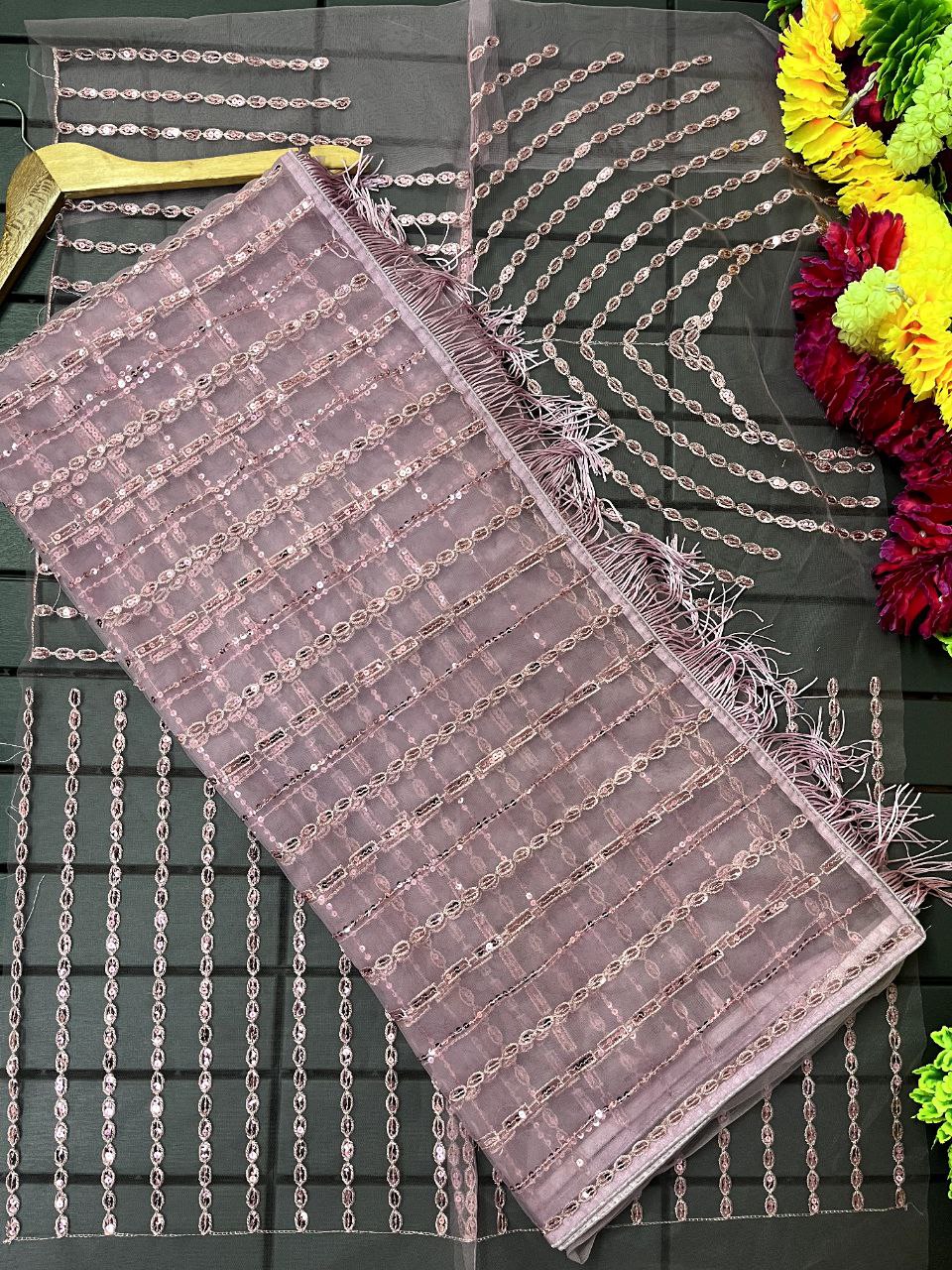 Pink Premium Mono Net Embroidery Saree With Dual Shade 5 MM Sequence Work For Women, Saree Blouse, Party Wear Saree.