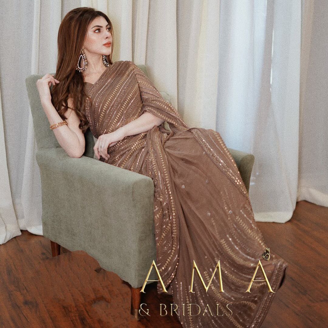 Brown Indian Wedding Saree Sequence Work Heavy Mono Silk Blouse Saree Heavy Saree For Women