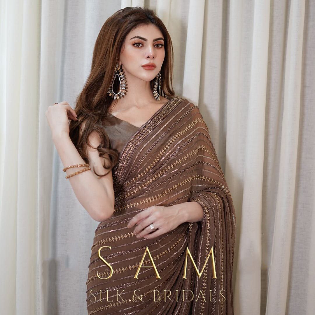 Brown Indian Wedding Saree Sequence Work Heavy Mono Silk Blouse Saree Heavy Saree For Women
