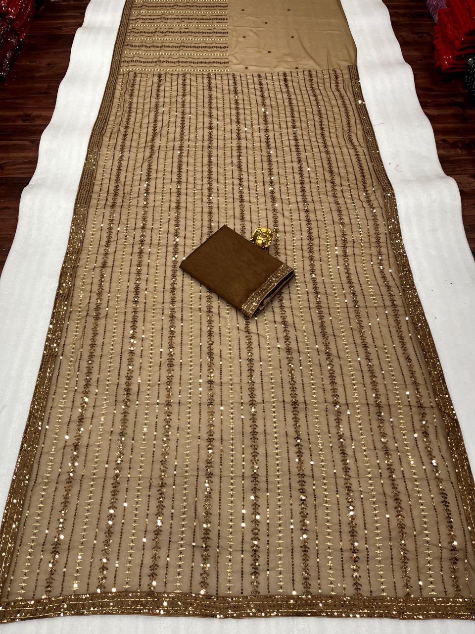 Brown Indian Wedding Saree Sequence Work Heavy Mono Silk Blouse Saree Heavy Saree For Women