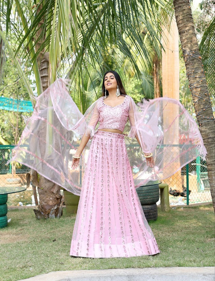 Baby Pink Indian Wedding Soft Net Bollywood Sequins Lehenga Choli With Beautiful Zalar Attached Dupatta and Blouse
