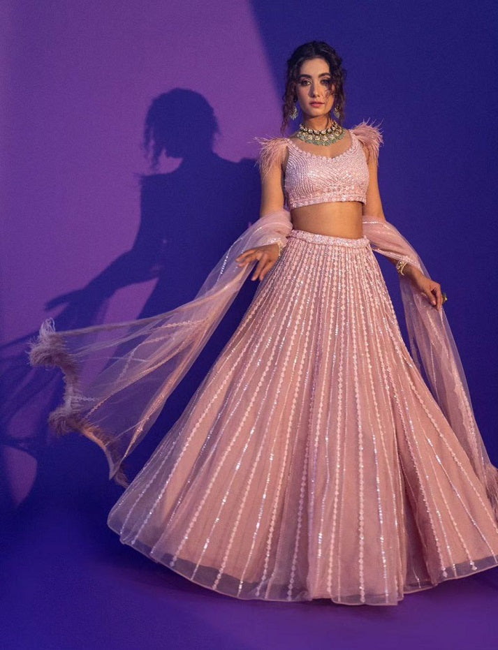 Baby Pink Indian Wedding Soft Net Bollywood Sequins Lehenga Choli With Beautiful Zalar Attached Dupatta and Blouse