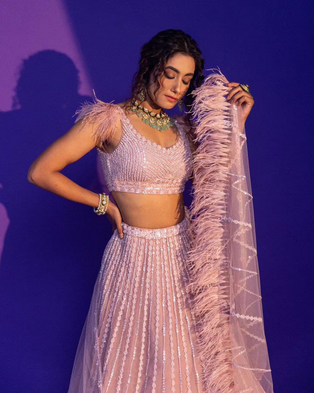 Baby Pink Indian Wedding Soft Net Bollywood Sequins Lehenga Choli With Beautiful Zalar Attached Dupatta and Blouse
