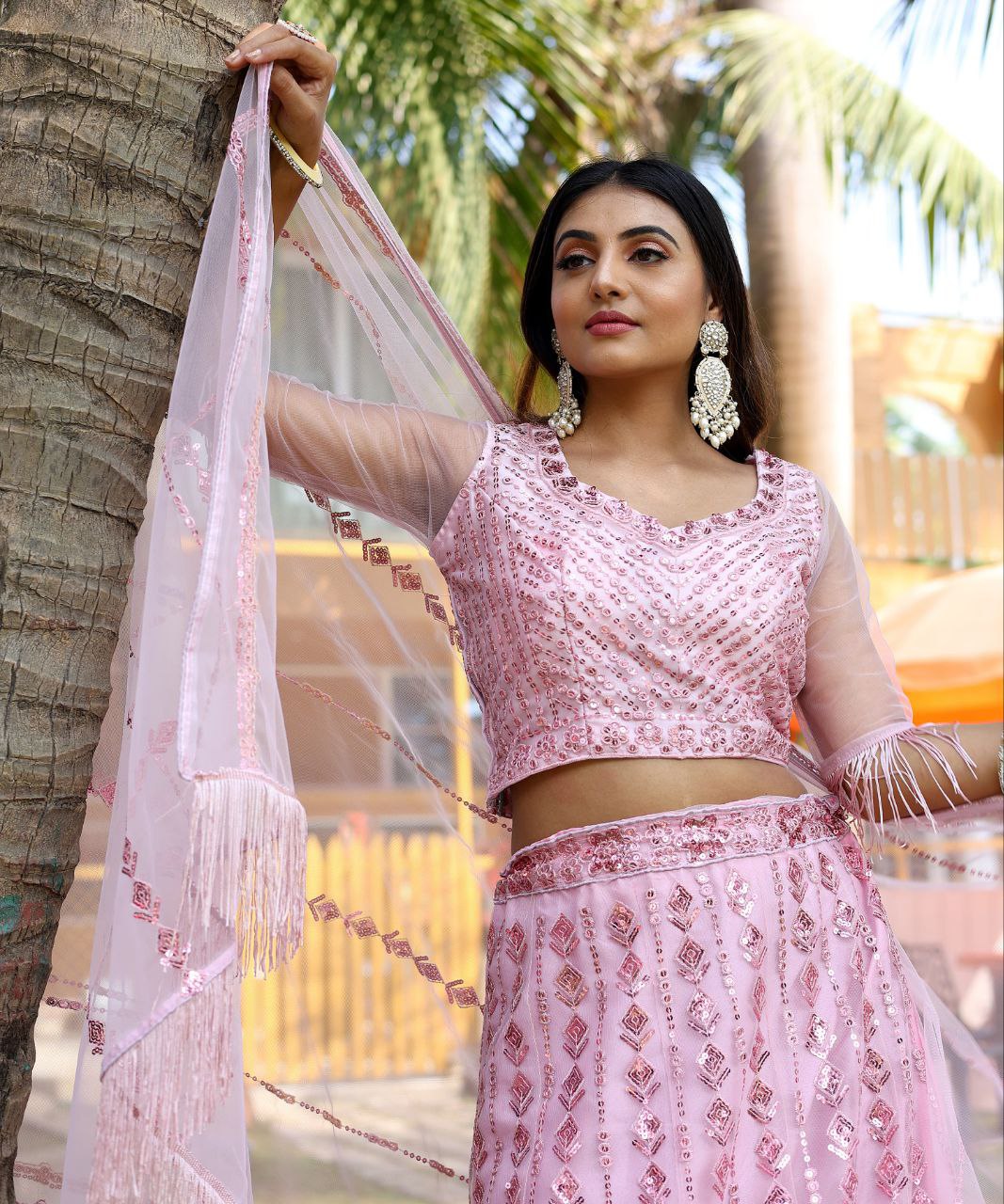 Baby Pink Indian Wedding Soft Net Bollywood Sequins Lehenga Choli With Beautiful Zalar Attached Dupatta and Blouse