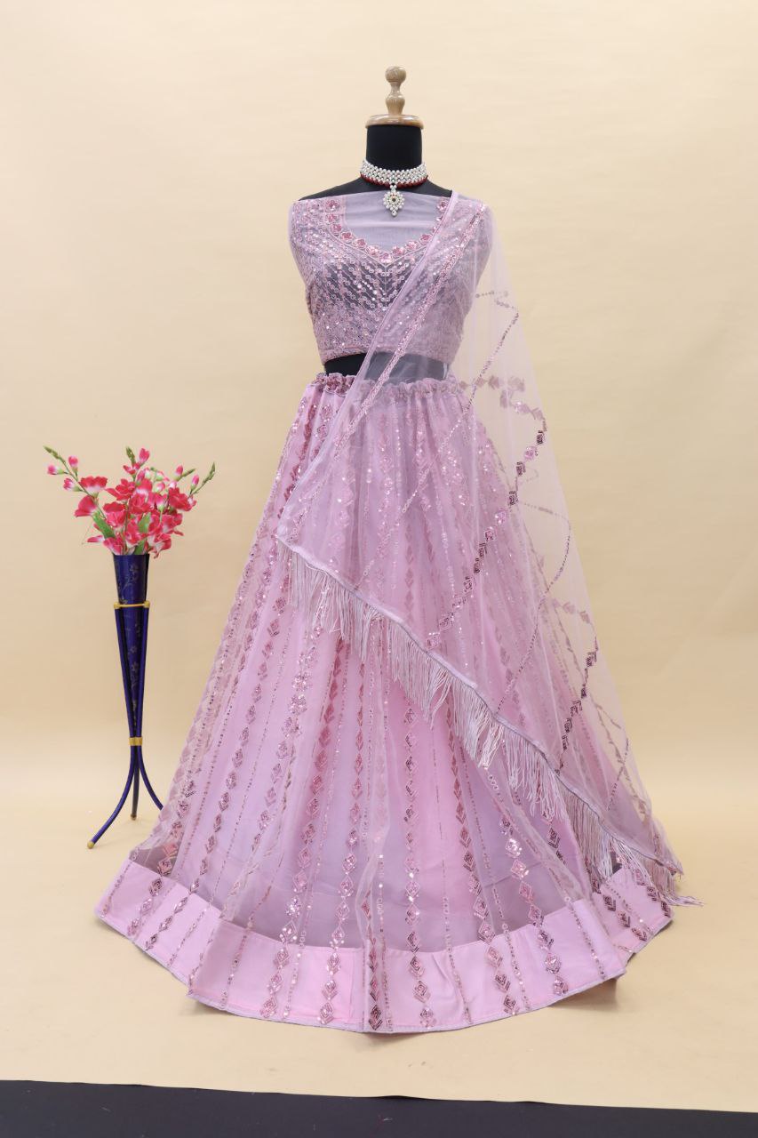 Baby Pink Indian Wedding Soft Net Bollywood Sequins Lehenga Choli With Beautiful Zalar Attached Dupatta and Blouse