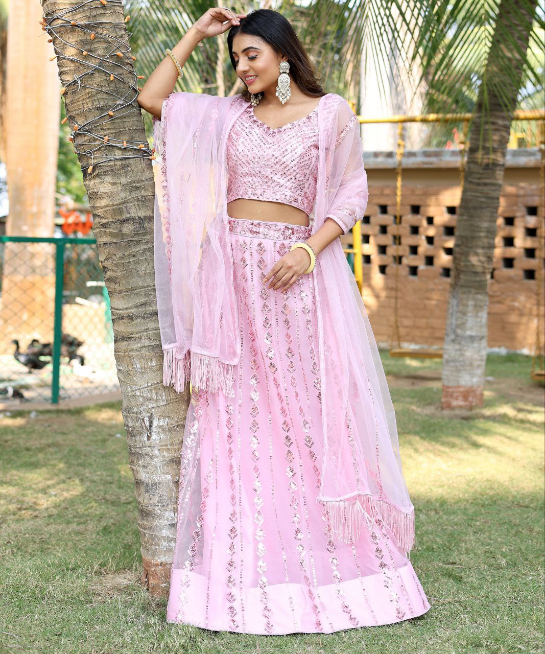 Baby Pink Indian Wedding Soft Net Bollywood Sequins Lehenga Choli With Beautiful Zalar Attached Dupatta and Blouse