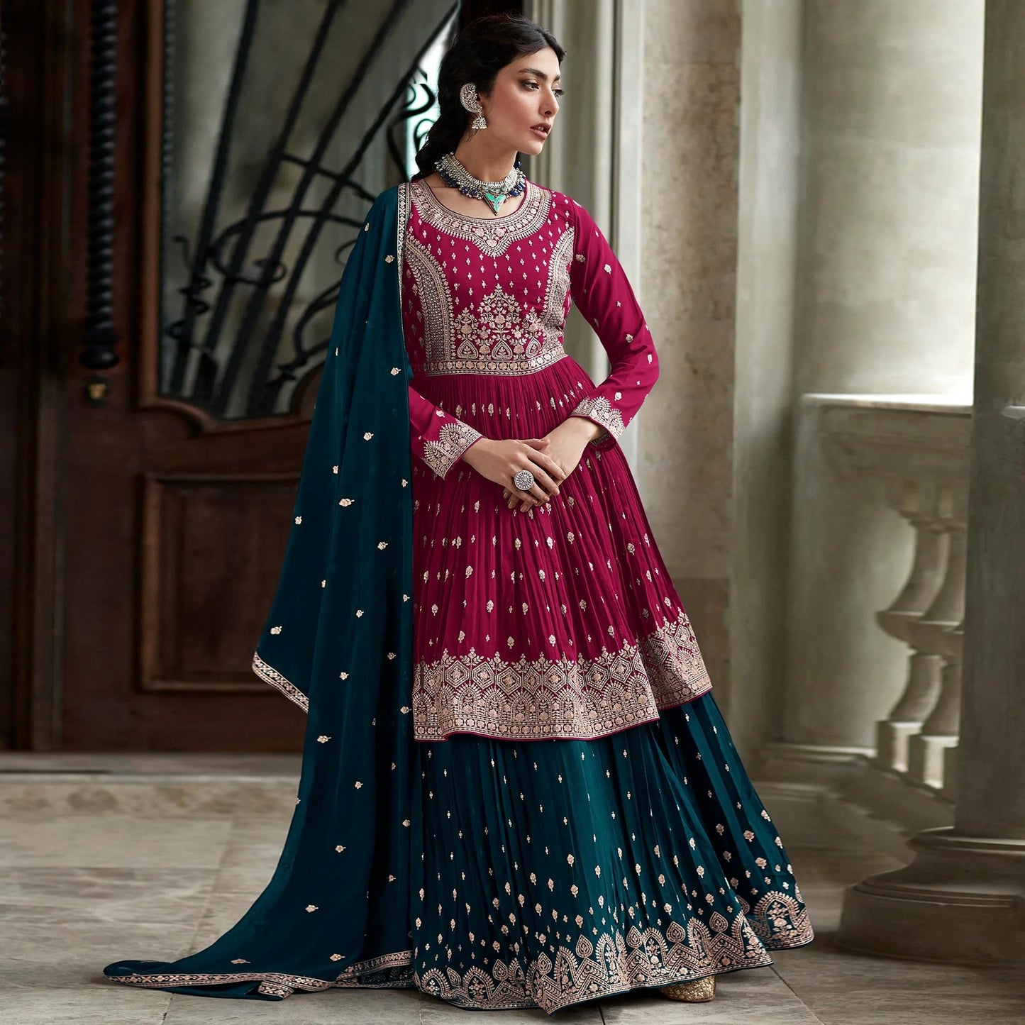 Beautiful Blue Anarkali Style Shalwar Kameez Lengha Suits Embroidery Sequence Worked Designer Hand Made Salwar Kameez Dupatta Dress