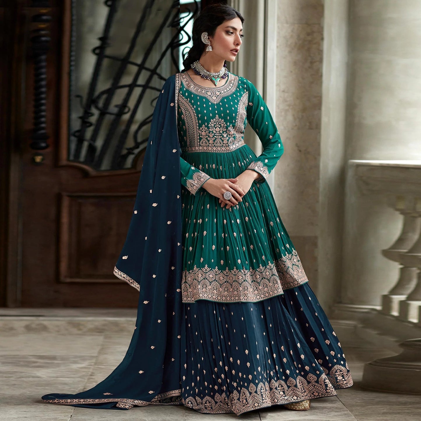 Beautiful Blue Anarkali Style Shalwar Kameez Lengha Suits Embroidery Sequence Worked Designer Hand Made Salwar Kameez Dupatta Dress