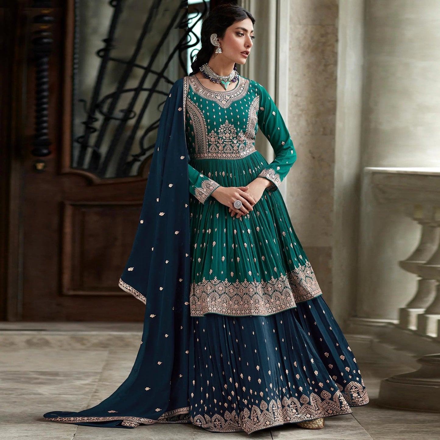 Beautiful Green Anarkali Style Shalwar Kameez Lengha Suits Embroidery Sequence Worked Designer Hand Made Salwar Kameez Dupatta Dress