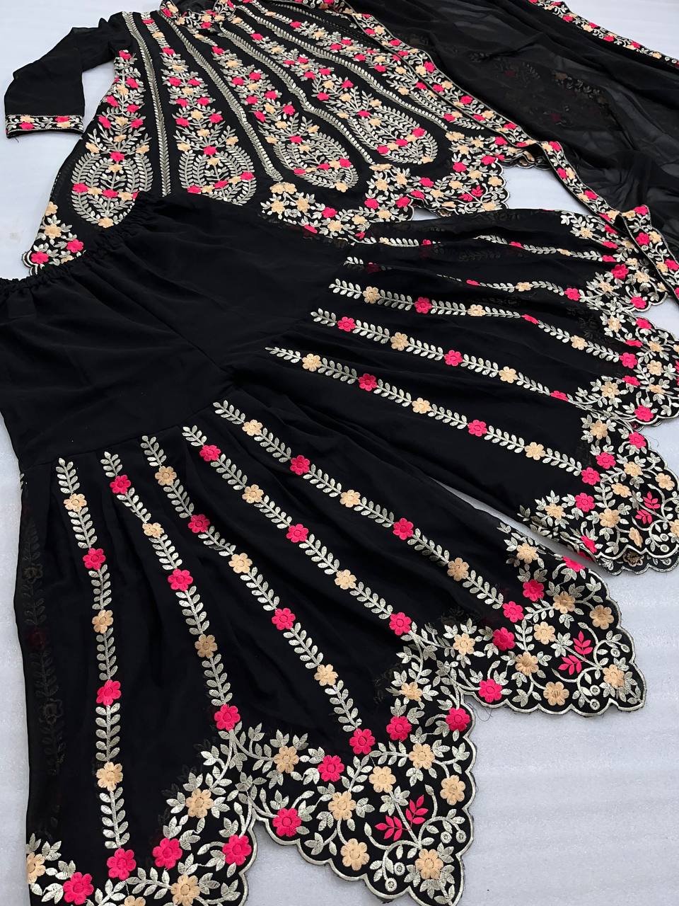 Traditional Black Georgette Multi Thread Embroidered Stitched Wedding Wear Suit