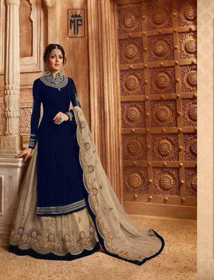Foux Georgette Green Embroidered Anarkali Lehenga Suit Salwar Suit Gown for women Semi-Stitched Top and Duppata With Lehenga