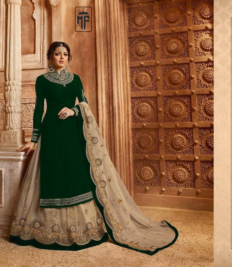Foux Georgette Green Embroidered Anarkali Lehenga Suit Salwar Suit Gown for women Semi-Stitched Top and Duppata With Lehenga