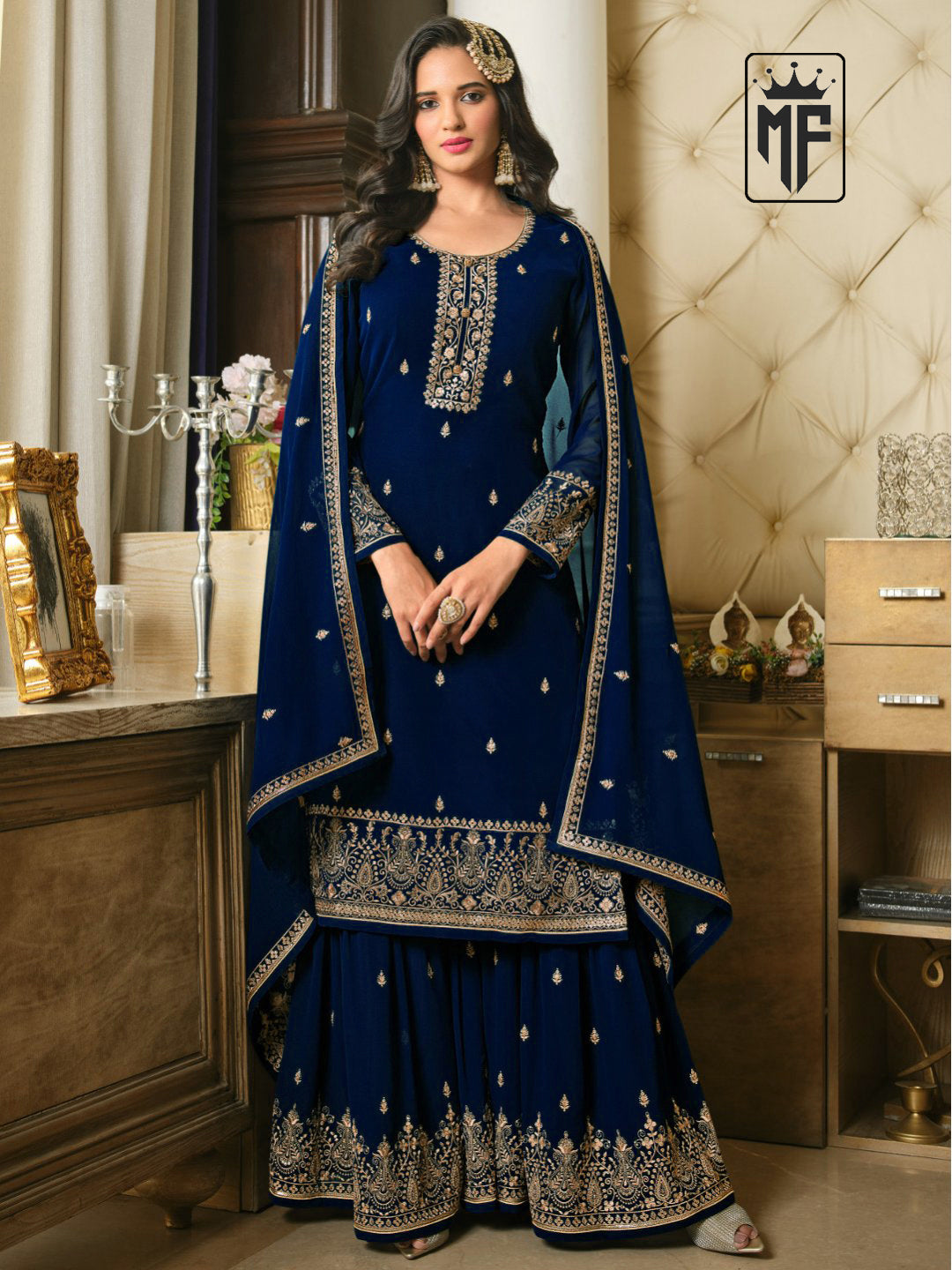 Partywear Palazzo Suit With Heavy Sequins Embroidered Faux Georgette Fabric