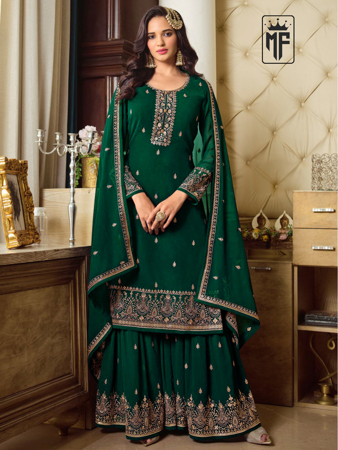 Partywear Palazzo Suit With Heavy Sequins Embroidered Faux Georgette Fabric