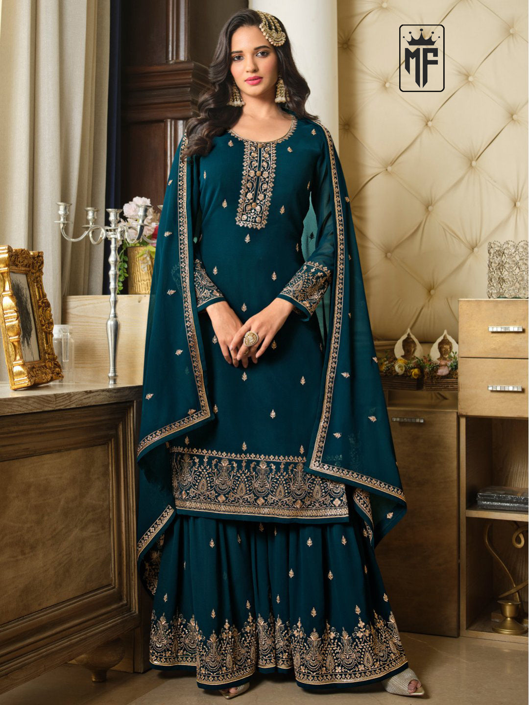 Partywear Palazzo Suit With Heavy Sequins Embroidered Faux Georgette Fabric