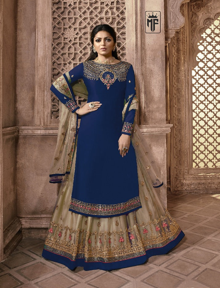 Wine Designer Georgette Butterfly Net Ghaghara Style Salwar Suit By Dealbazaars For Womens