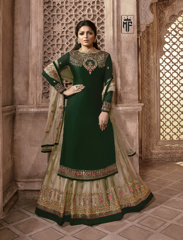 Wine Designer Georgette Butterfly Net Ghaghara Style Salwar Suit By Dealbazaars For Womens
