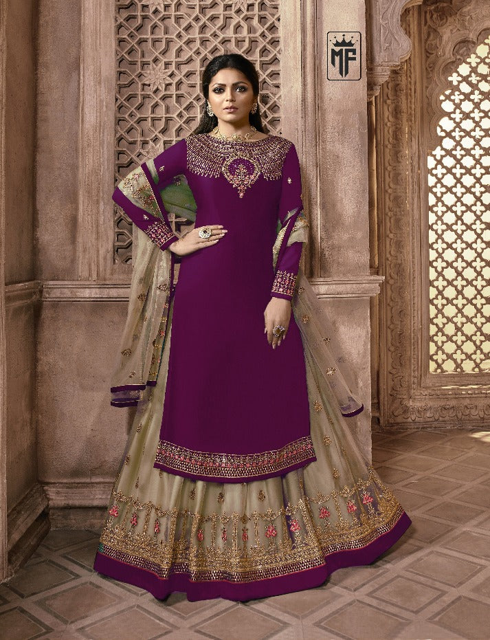 Wine Designer Georgette Butterfly Net Ghaghara Style Salwar Suit By Dealbazaars For Womens