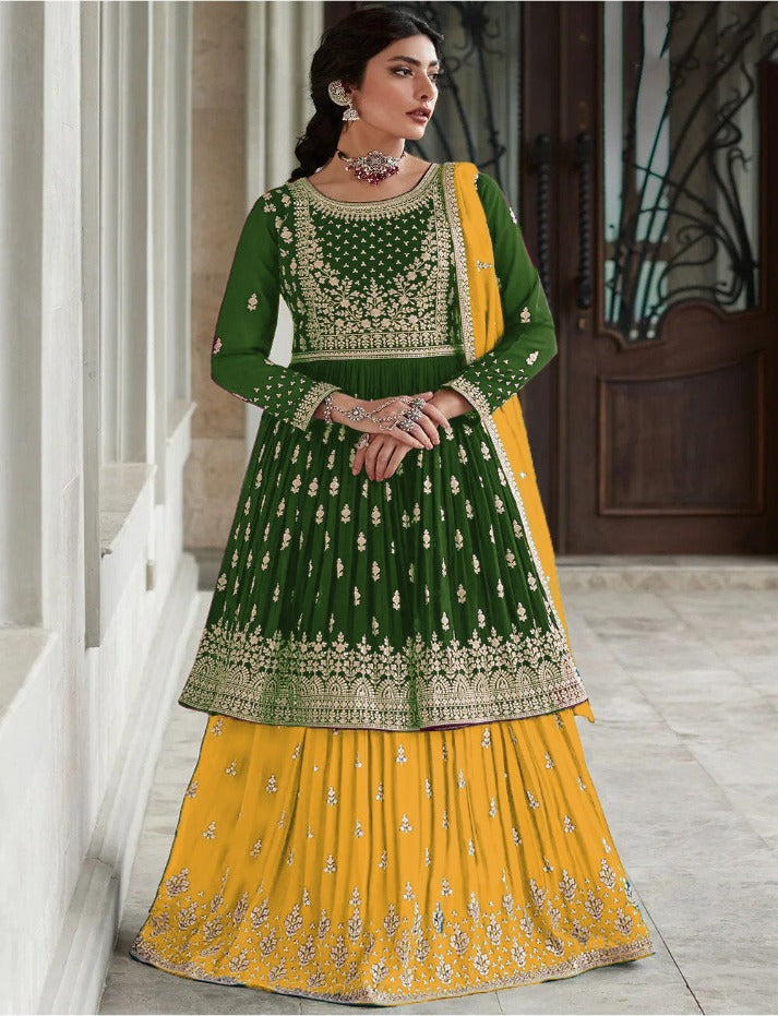 Beautiful Rama Anarkali Style Shalwar Kameez Lehenga Suit Embroidery Sequence Work Designer Salwar Kameez Dupatta Dress for Women's Wear